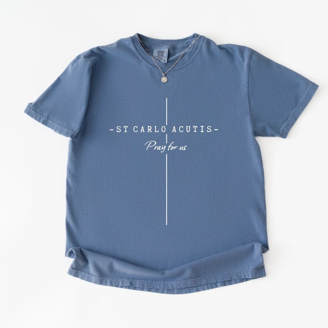Machine Made Bricks Texture Carlo Acutis, Pray for Us - Shirt | Joan & Joe Co.