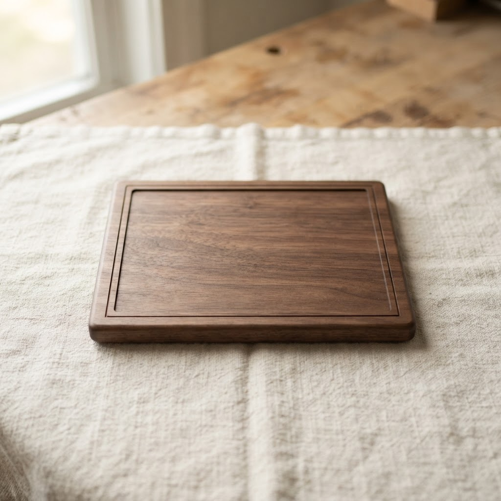 Blank walnut keepsake plaque with an engraved border, ready for personalization