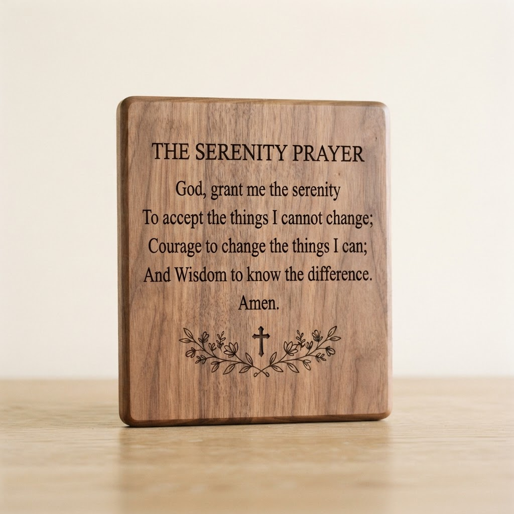 Walnut wood plaque engraved with classical serif prayer text