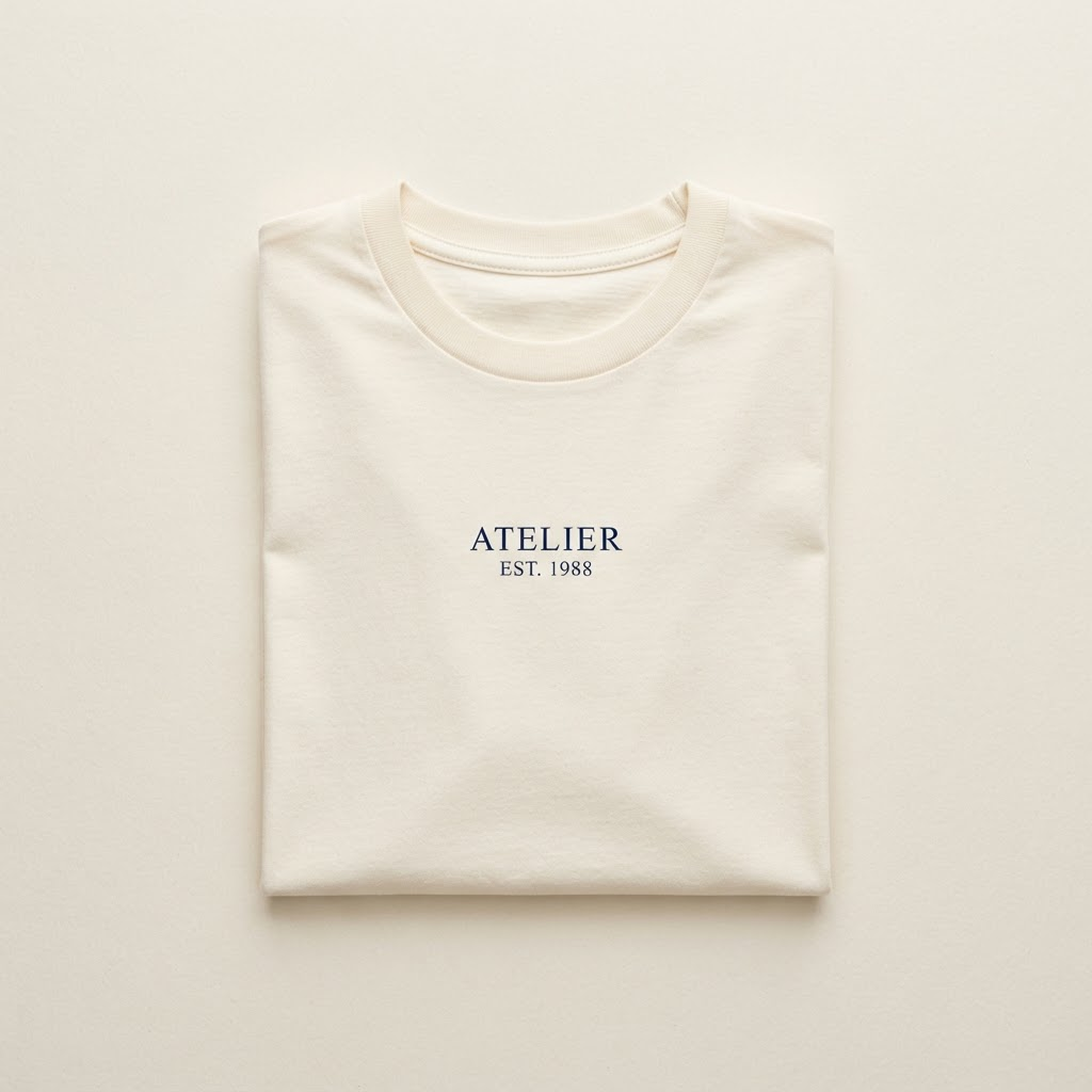 Folded cream cotton t-shirt with navy serif chest typography