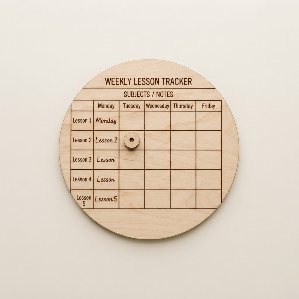 Round birch wood planner disc engraved with a weekly lesson grid