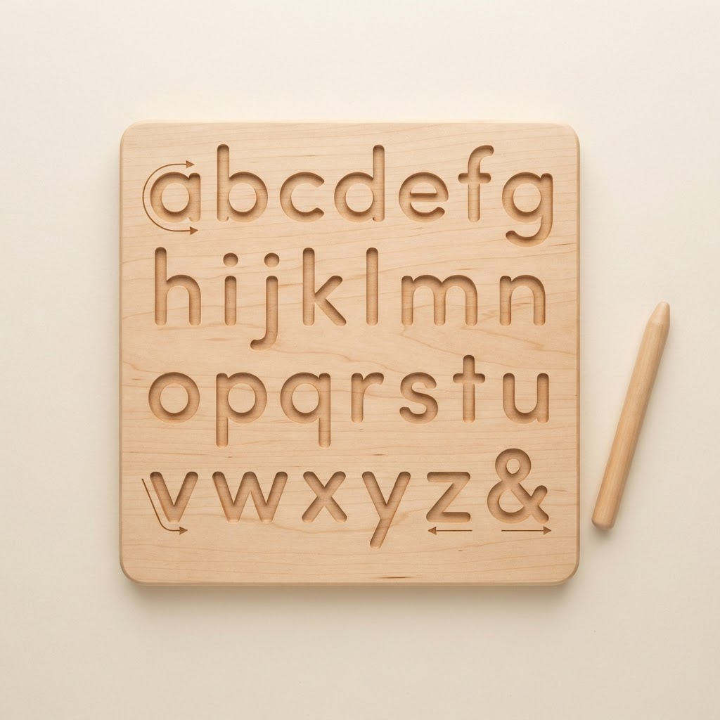 Maple wood alphabet tracing board with engraved letter grooves and stylus